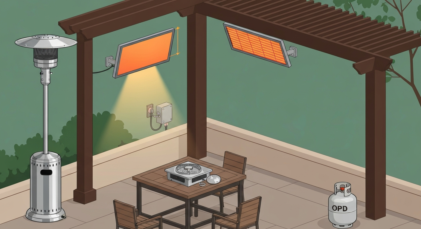 Illustration of a wall-mounted electric infrared heater under a pergola with a tabletop ethanol burner in the foreground and a propane heater shown for comparison, highlighting safe clearances and weatherproof wiring.