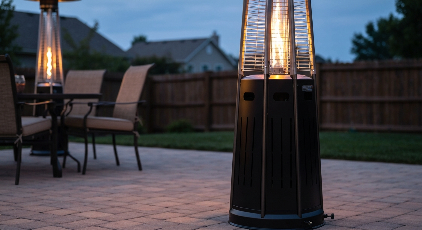 Mainstays 7-foot propane patio heater lit on a backyard patio at dusk.