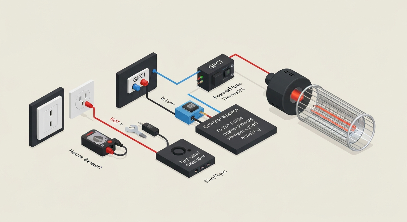Isometric infographic showing the electrical supply path through outlet, GFCI, fuse, control board, safety switches, and heating element of an electric patio heater.