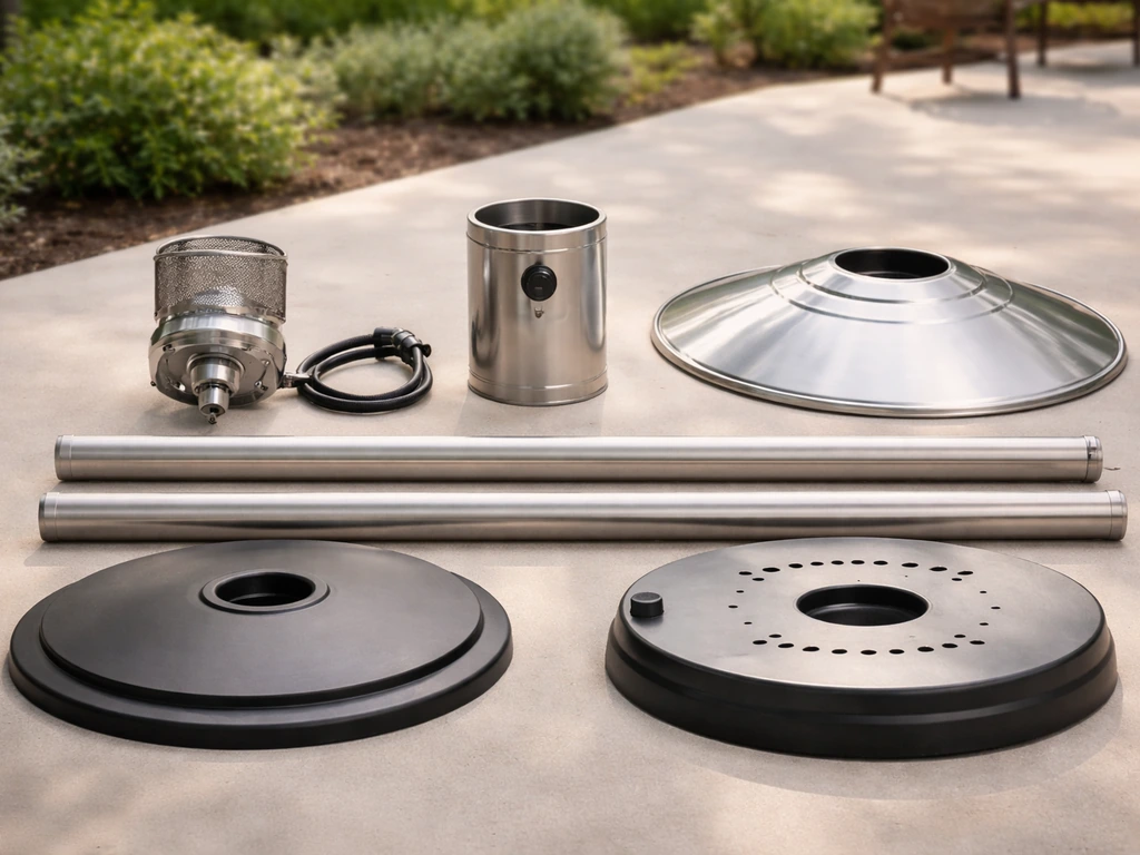 Freestanding propane patio mushroom heater parts arranged on a patio surface: head, dome, burner, control, pole/base.