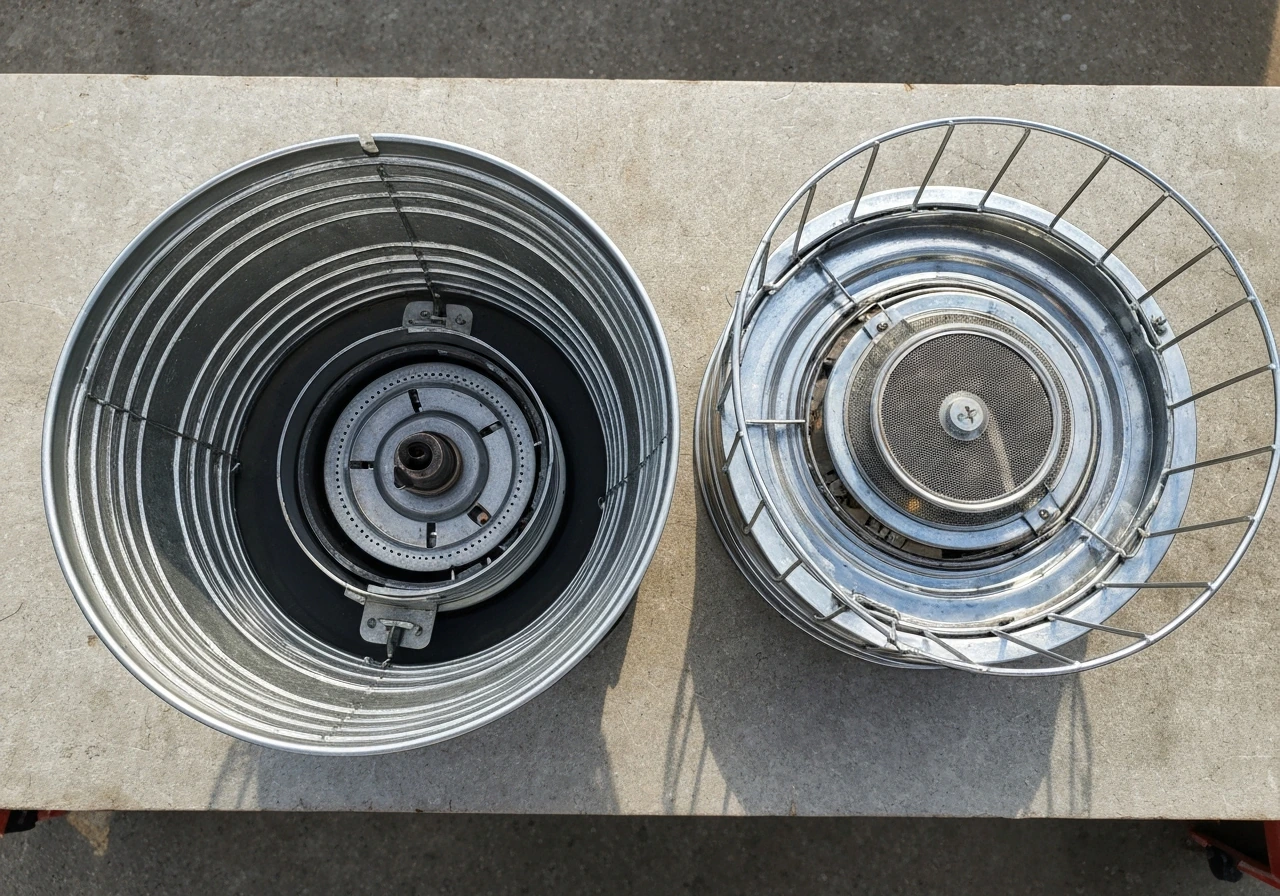 Top-down view of a propane mushroom heater with outer shell and reflector hood removed, showing burner head and emitter