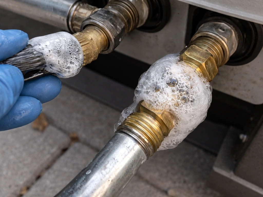 Gloved hands apply soapy water to gas pipe joints; bubbles indicate a leak at one connection.