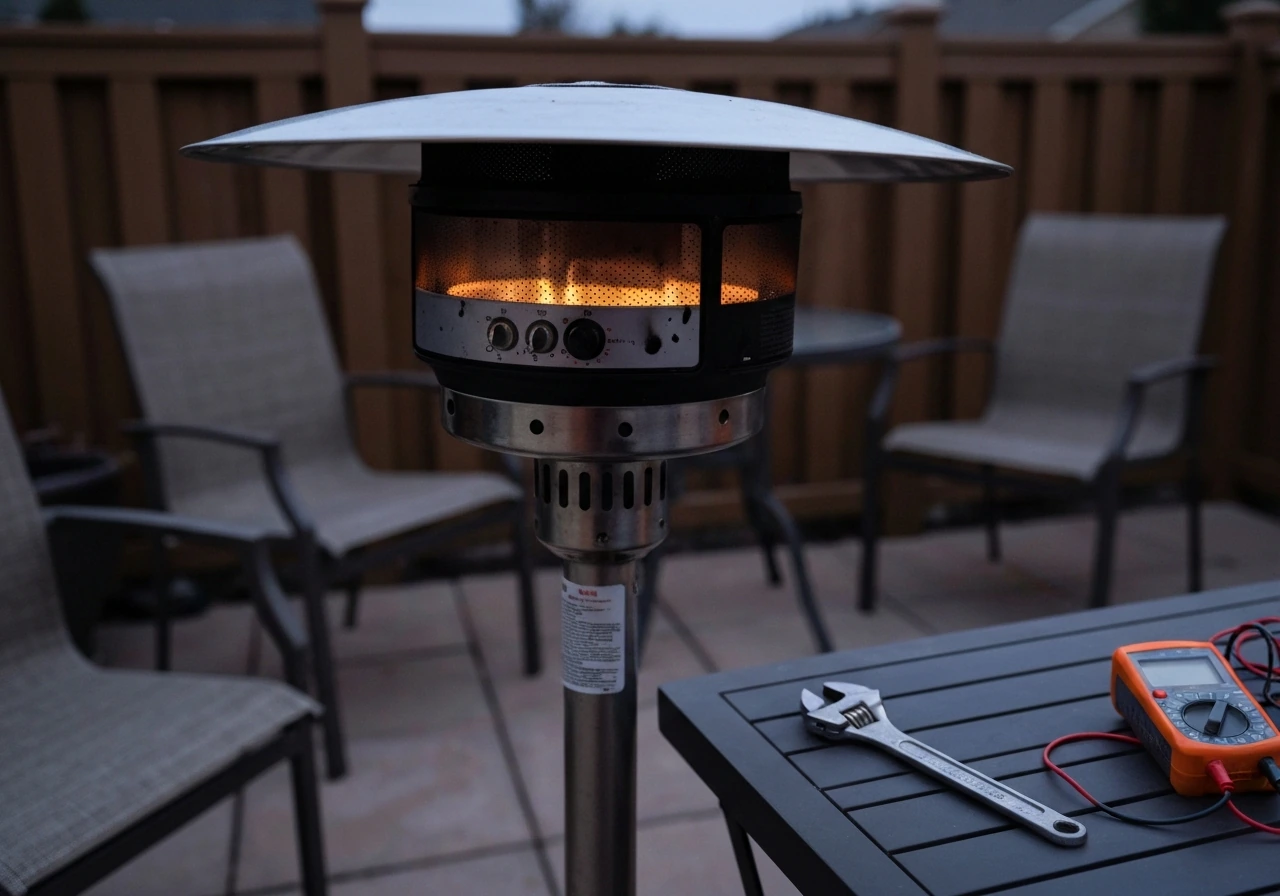 Broken patio heater on an outdoor patio with tools nearby, control panel visible, signaling DIY repair troubleshooting.