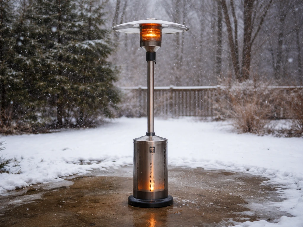 A lit patio heater on a snowy patio with nearby ice partially melted and darkened damp patches.