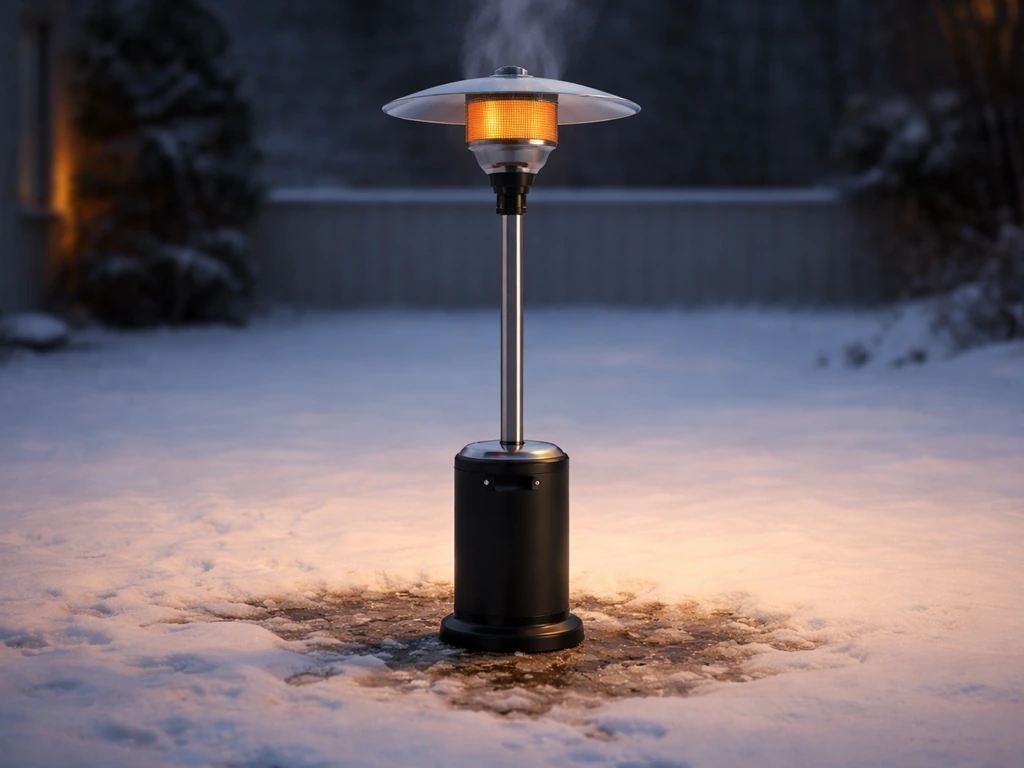 Freestanding propane patio heater glowing beside light snow, with soft heat haze above the snow.