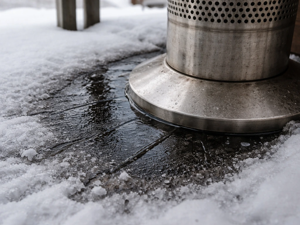 Black ice halo refreezing around the base of an outdoor patio heater on snow.