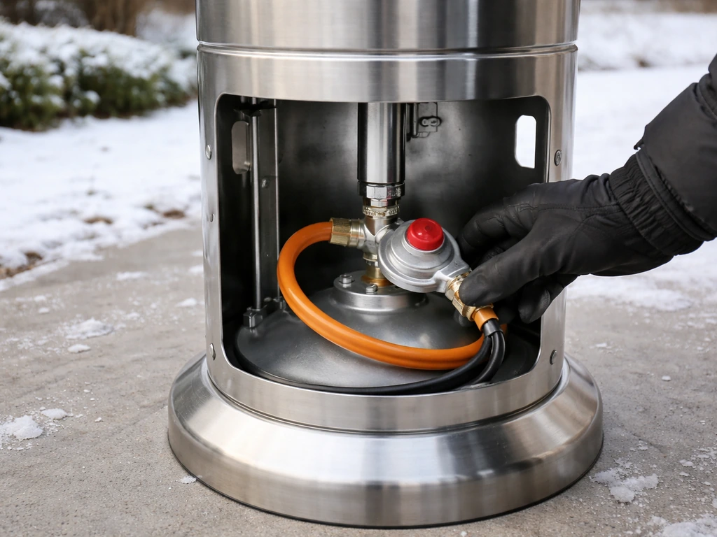 Gloved hand checks a patio heater’s regulator and hose on a snowy patio before use.