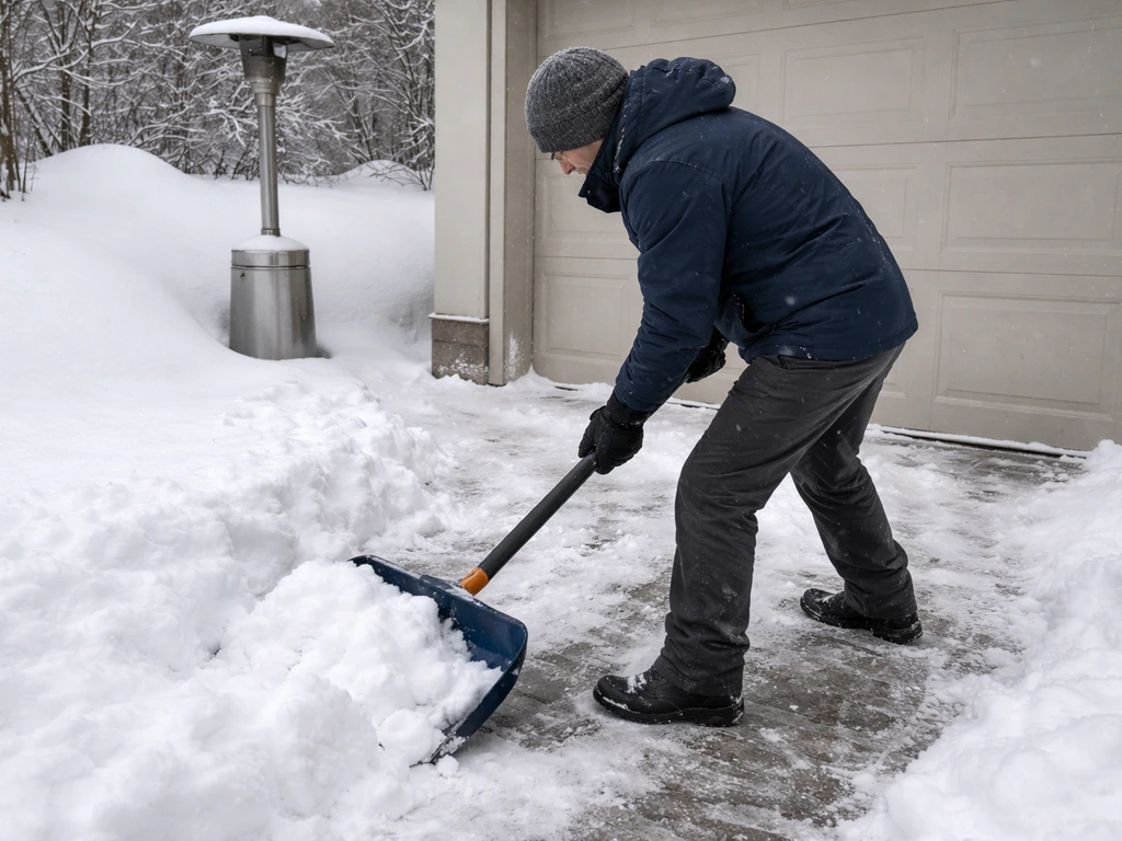 Person shoveling thick snow on a driveway with an off patio heater in the background.