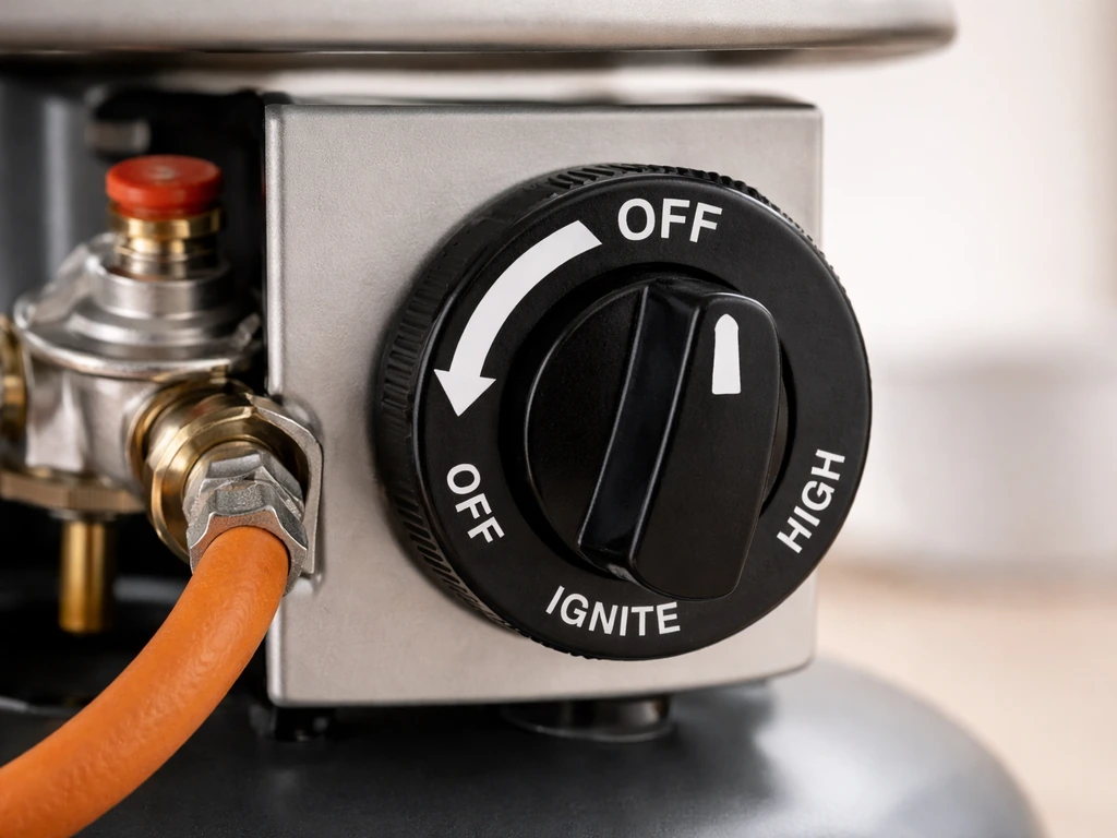 Close-up of a gas heater knob set to OFF and the tank connection area shown safely.