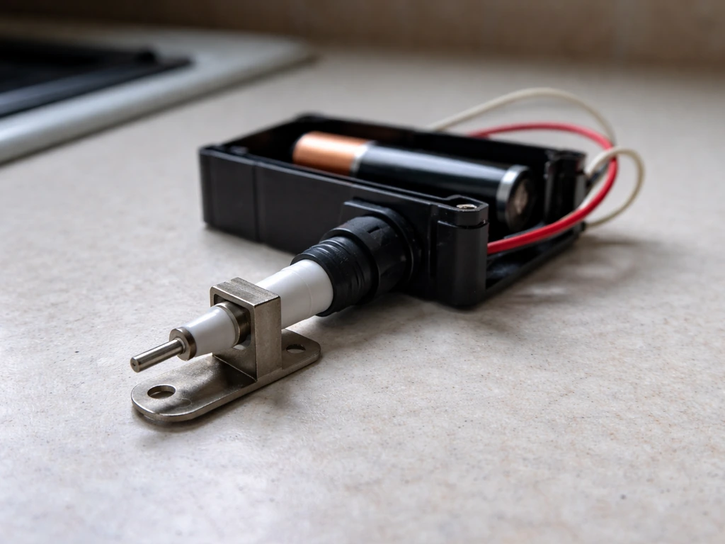 Close-up of a stove igniter module with the cover removed, showing no visible spark at the electrode.