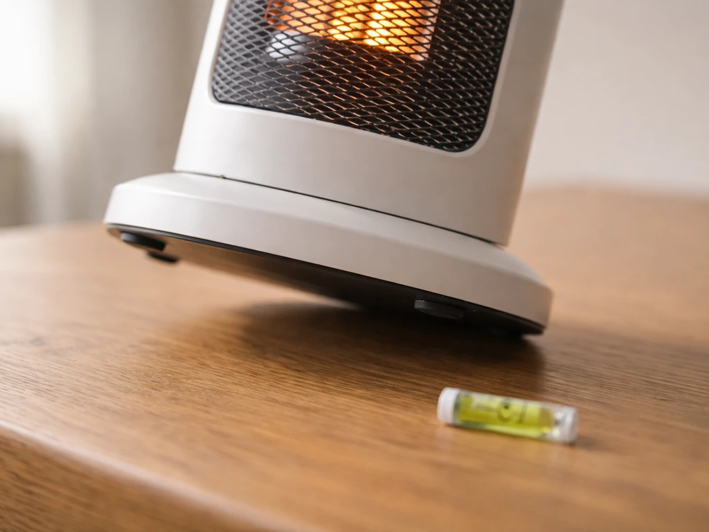 Tilted tabletop heater base on a wooden table with a nearby bubble level indicator.