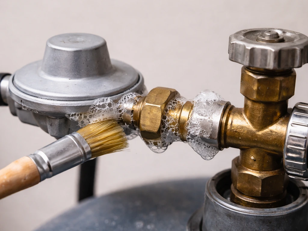 Close-up of a gas regulator and hose connection with soapy water bubbles on the joints for leak testing.