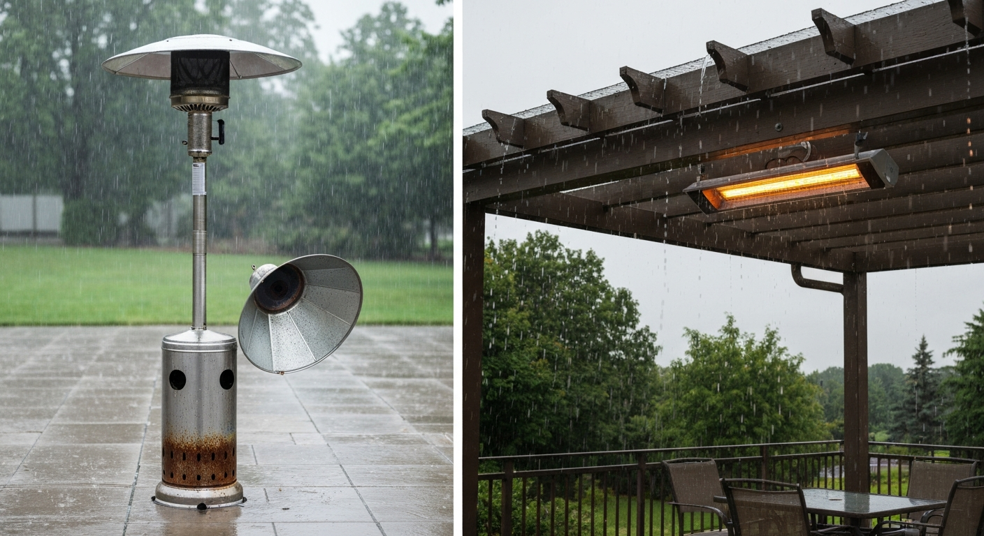 Split-scene: uncovered patio heater exposed to rain and early rust (left) versus protected infrared patio heater under a pergola, dry and glowing (right).