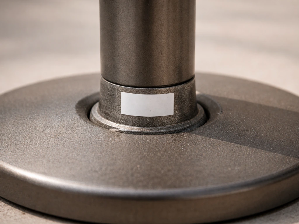 Close-up of a model number sticker/metal plate on a Mainstays heater base frame