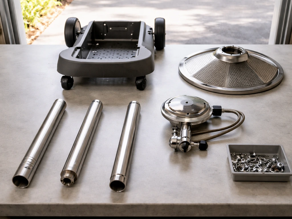 Grill assembly parts laid out on a workbench: wheeled base, pole sections, burner head, screen and hardware.
