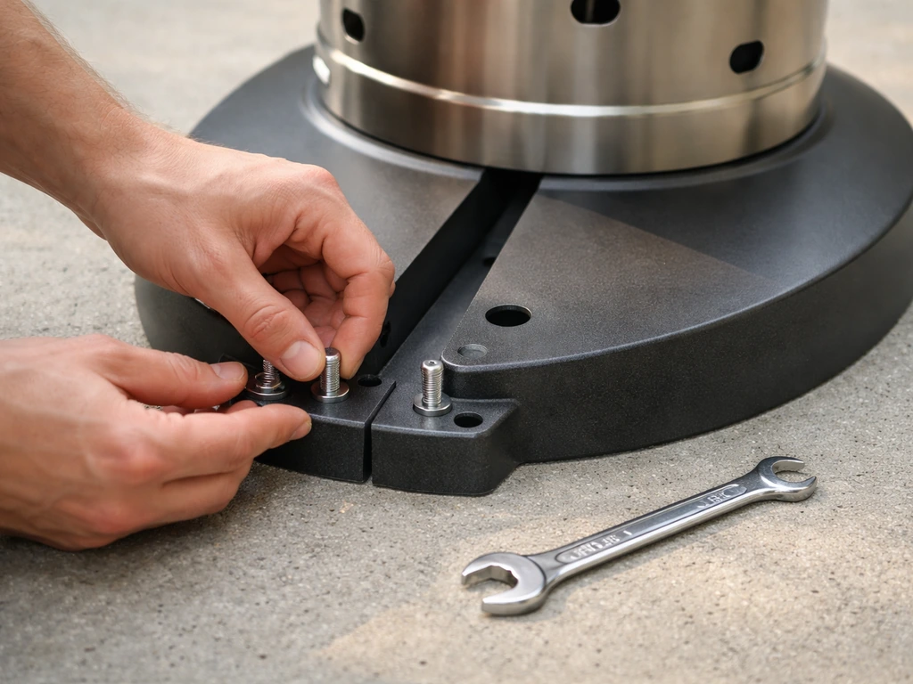 Two-piece patio heater base on a flat surface with bolts and lock nuts being aligned and hand-tightened