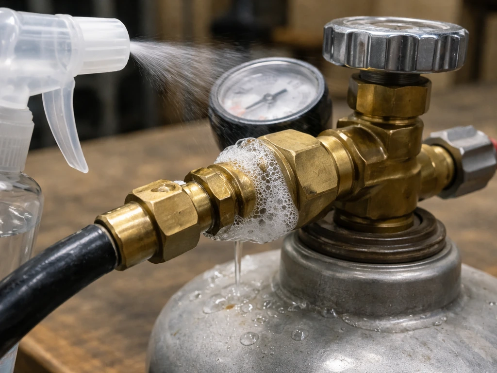 Soap-and-water leak test solution sprayed on a tank regulator connection, bubbles forming at the fitting.