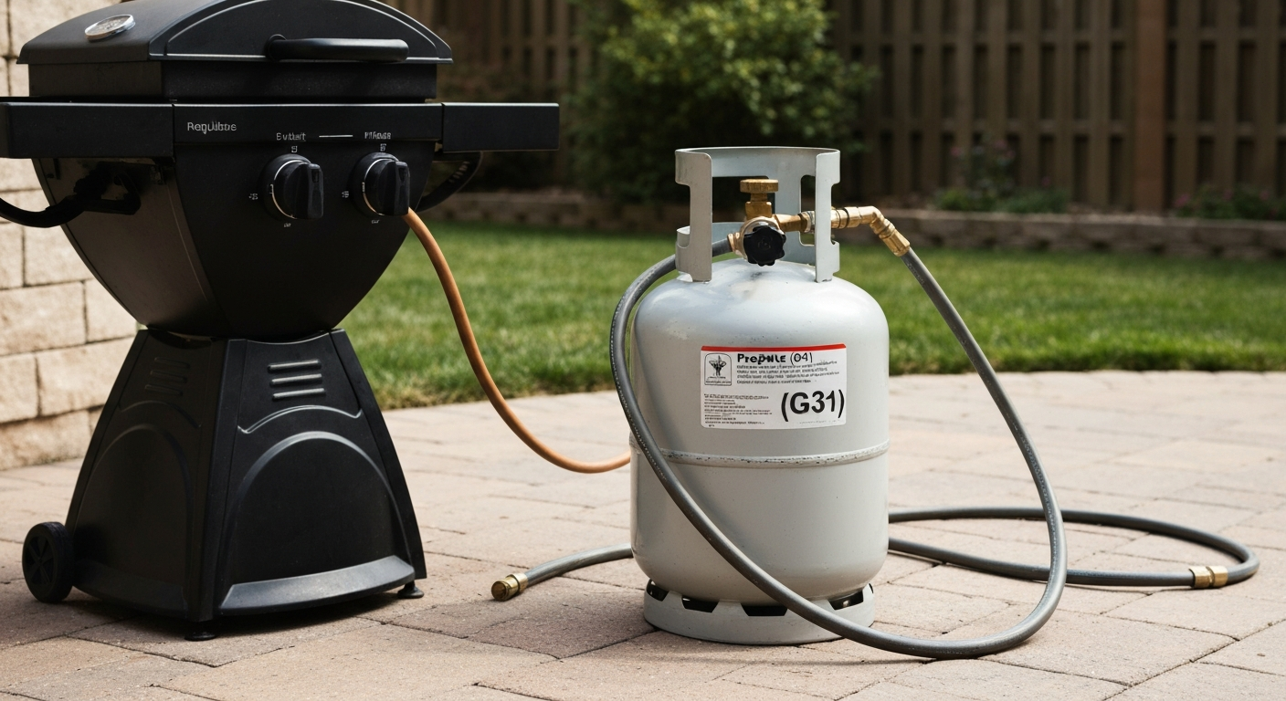 Photorealistic backyard BBQ with a propane patio cylinder connected via hose and regulator, regulator stamped "37 mbar".