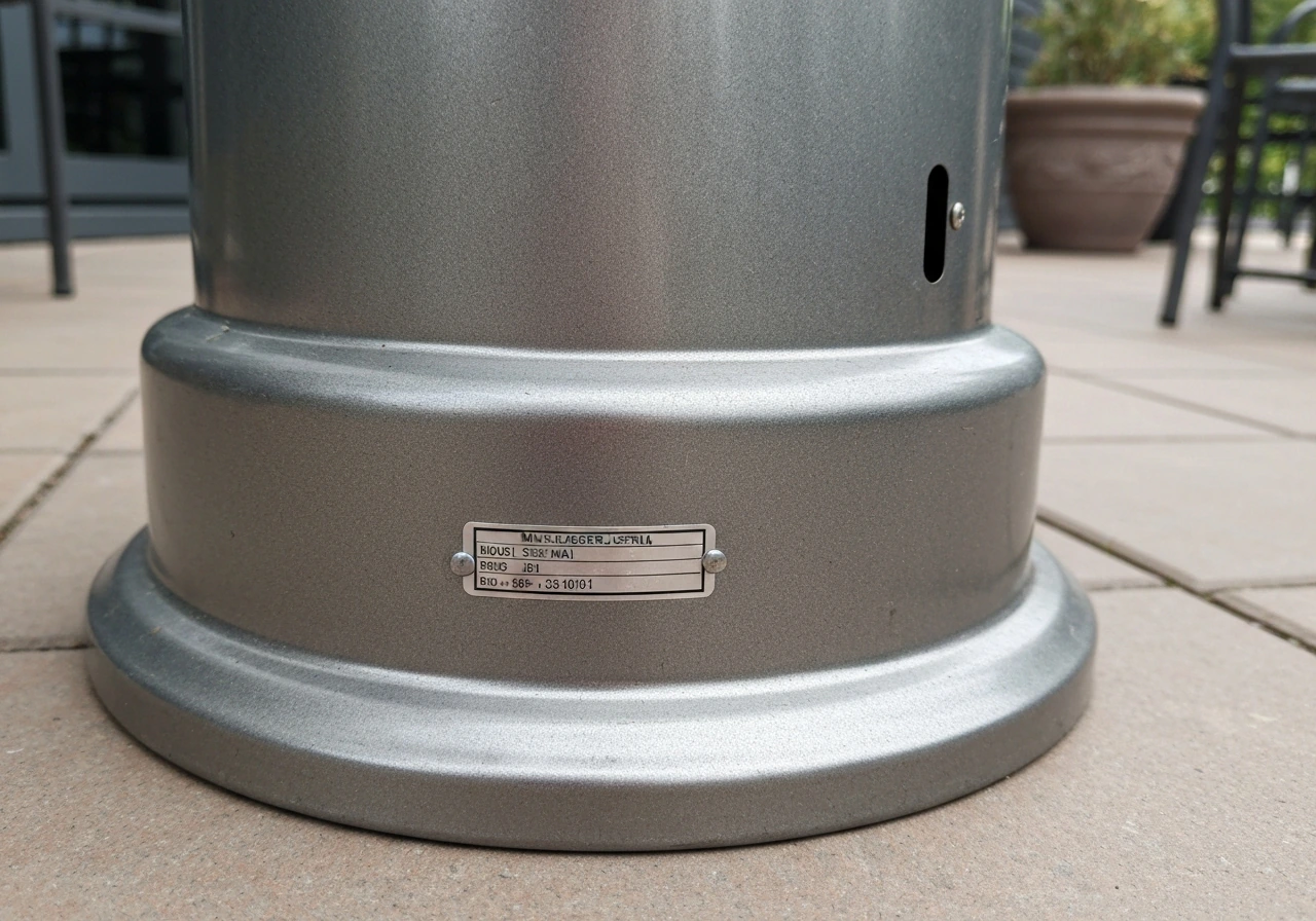 Close-up of a patio heater base with a small model/serial label area, helping identify the manual.