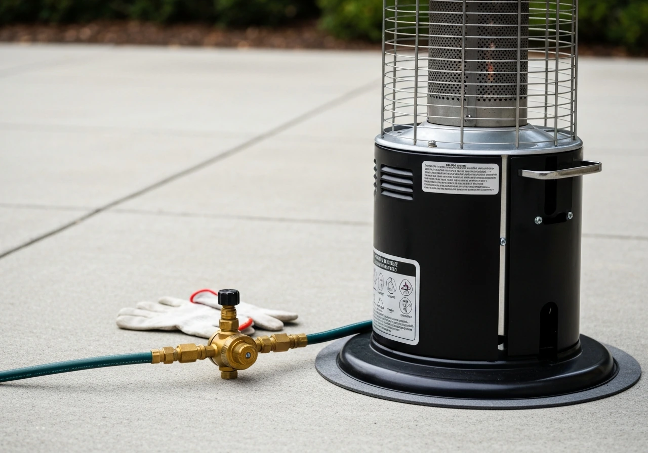 Outdoor propane heater on a stable surface with regulator and hose securely connected, clear space around it.