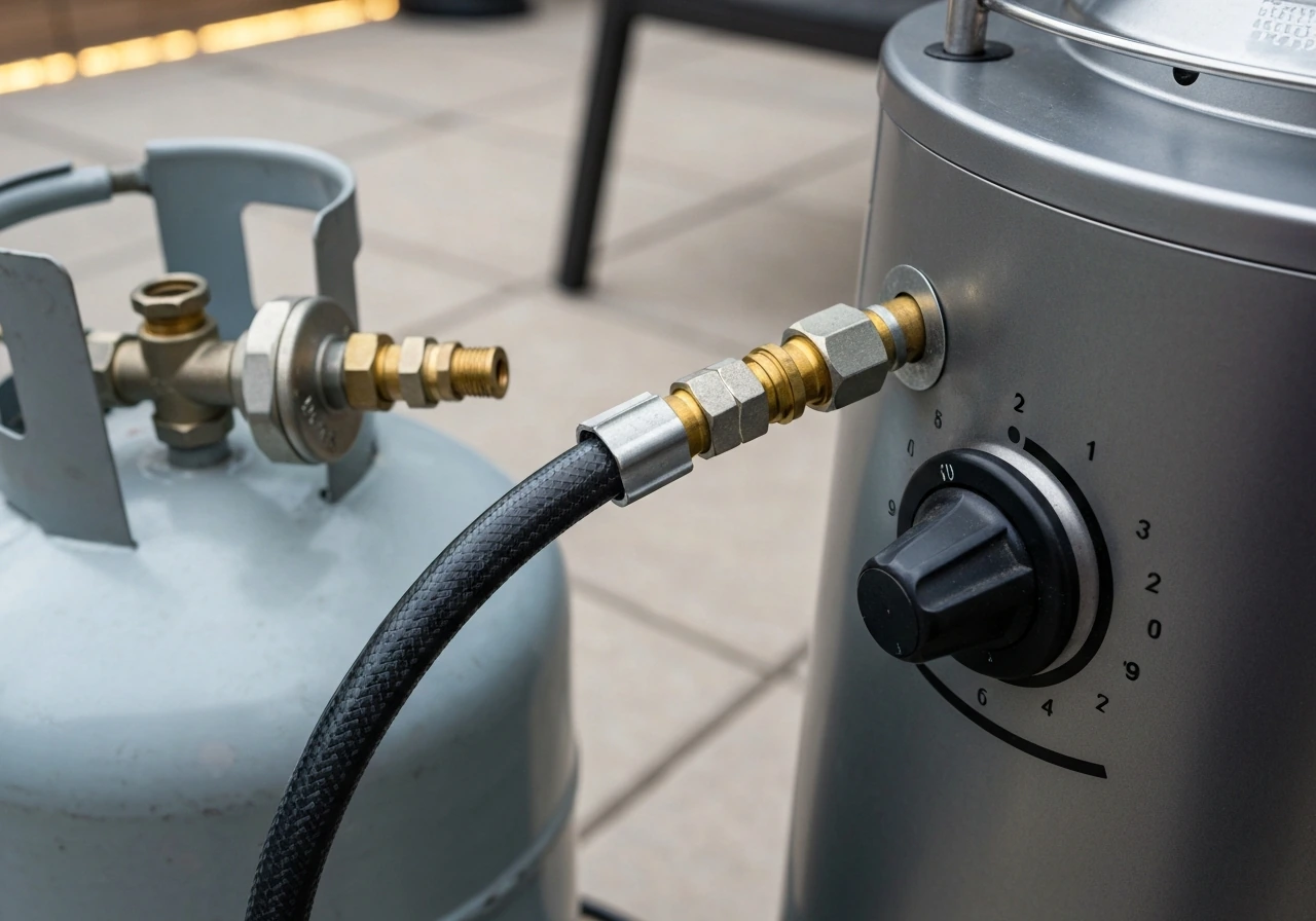Close view of a connected propane tank with visible hose and patio heater control knob area checked for issues.