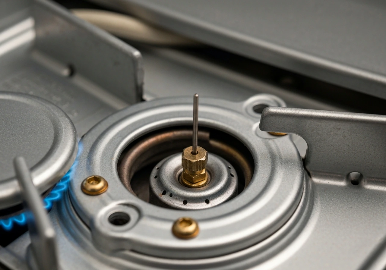 Close-up of a gas water heater burner area showing the thermocouple probe near the pilot flame location.