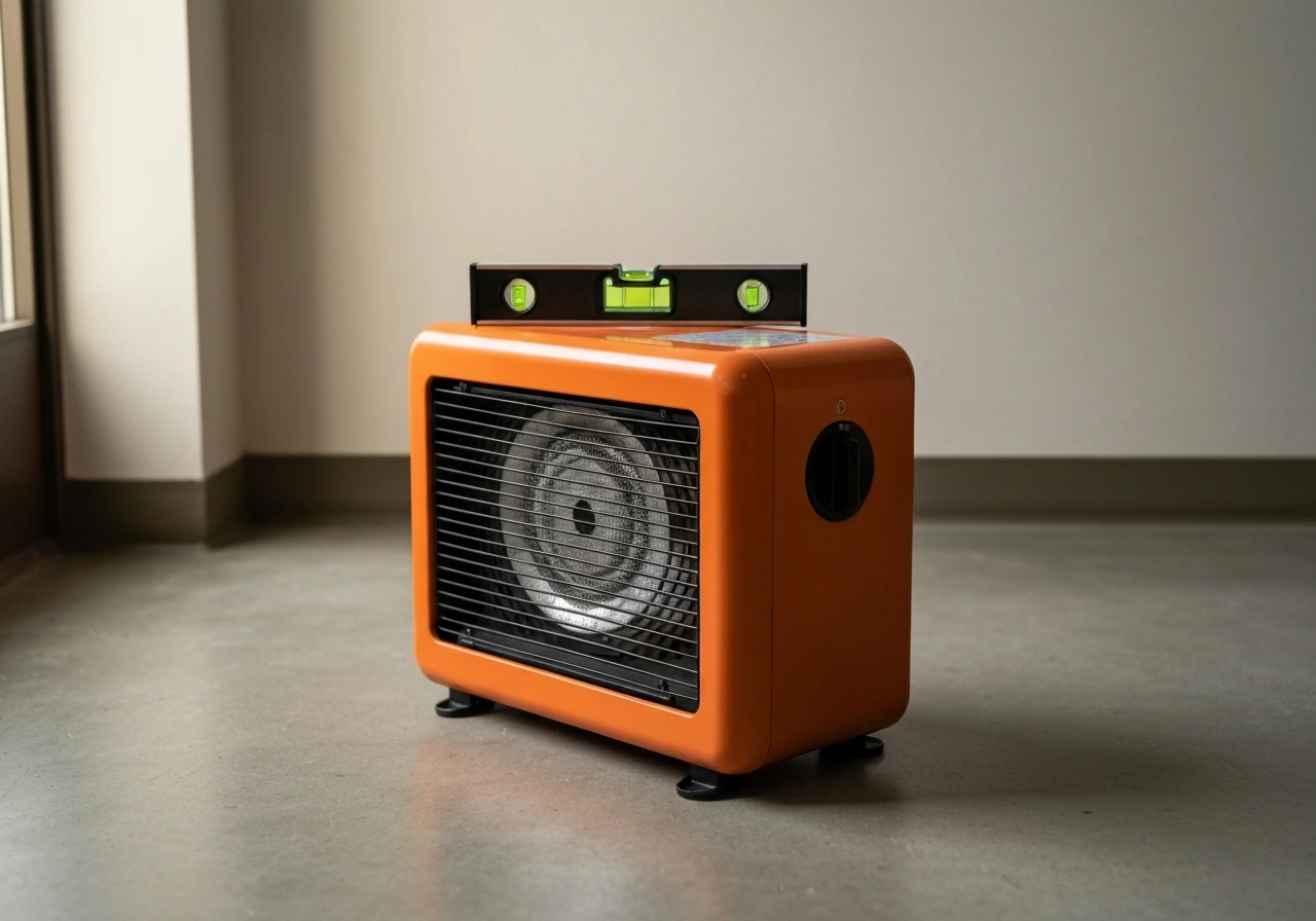 Portable space heater on a level concrete floor with a bubble level showing it’s not tilted.