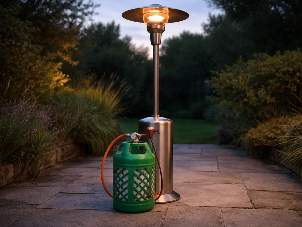 UK patio heater with a visible Calor LPG cylinder at the base in an outdoor garden setting.