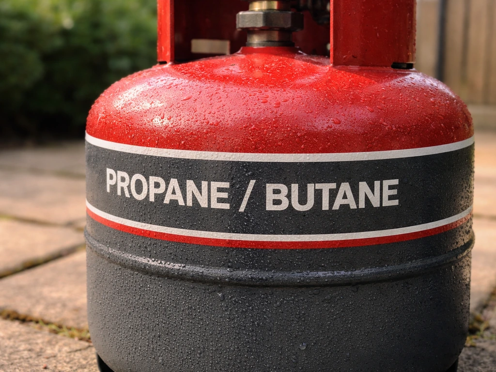 Close-up of an outdoor LPG cylinder with label details suggesting propane and butane are separate gases.