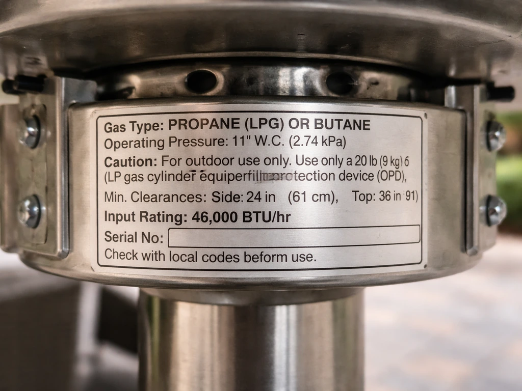 Close-up of a patio heater’s data plate showing gas type and operating pressure.