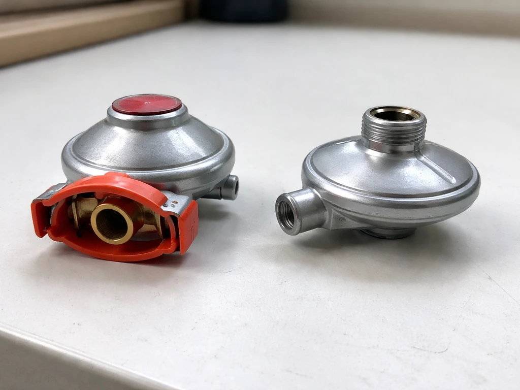 Correct 37 mbar propane regulator with 27 mm collar beside a mismatched regulator on a workbench.