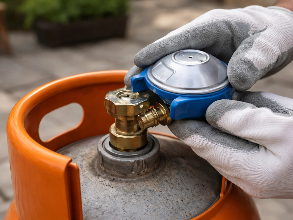 Hand inspecting and seating a regulator and sealing collar on a patio gas cylinder outdoors