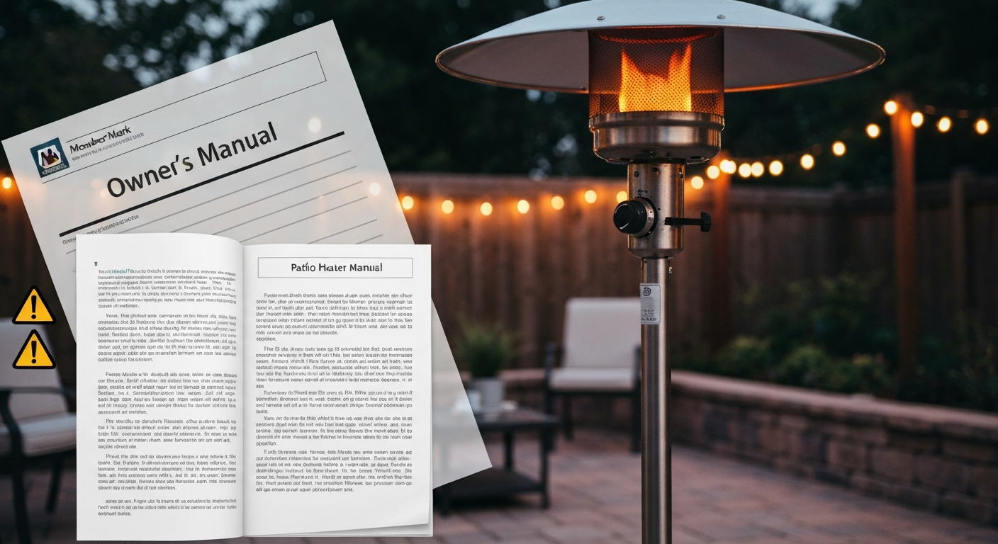 Member's Mark style gas patio heater on a patio with an overlaid owner's manual page and safety icons