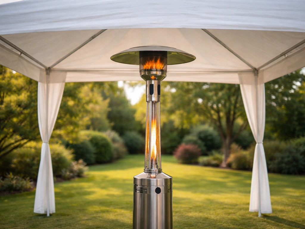 Gas patio heater under an open-sided canopy with visible flame and open airflow, outdoors.