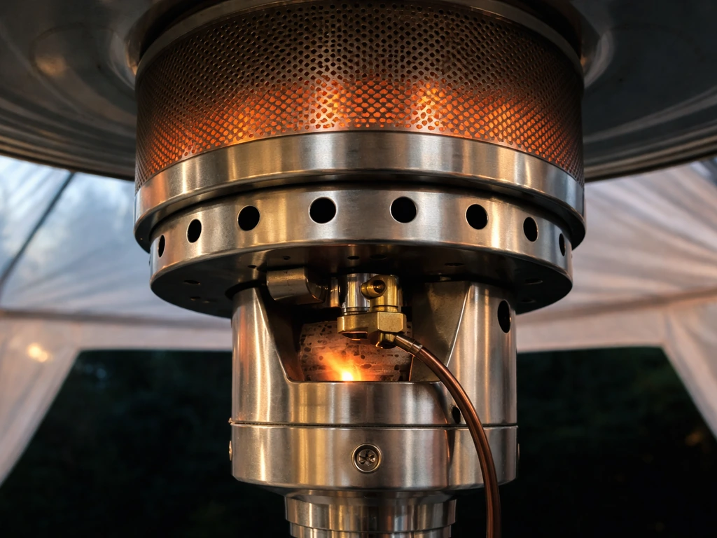 Close-up of a propane patio heater head with visible safety sensor area near burner flames under a tent