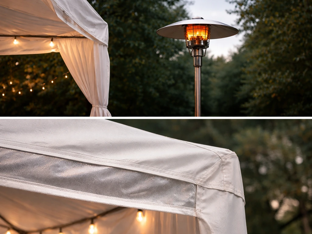 Gas patio heater near a tent with a clear safe gap and a close-up of tent fabric texture in view