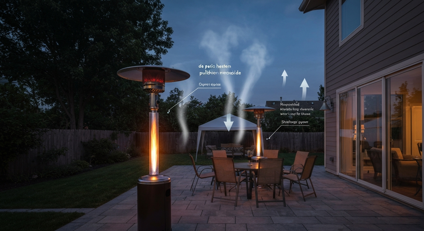 Open outdoor patio at dusk with a lit gas patio heater; faint exhaust visualized rising and dispersing upward in open air.