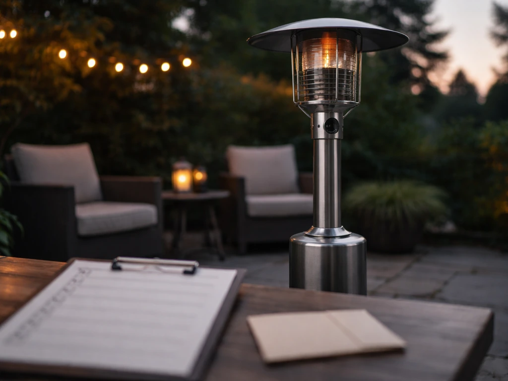 Gas patio heater on a quiet outdoor patio with a blank checklist card suggesting legality checks.