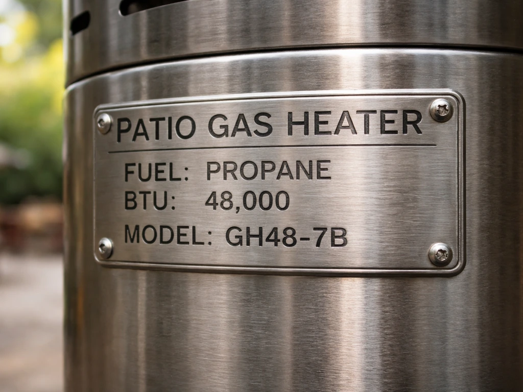Close-up of a patio gas heater nameplate with visible model number, fuel type, and BTU rating.