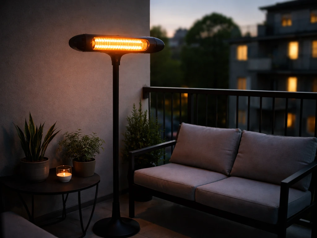 Electric infrared patio heater glowing on an apartment balcony, warming an empty seating area at dusk.