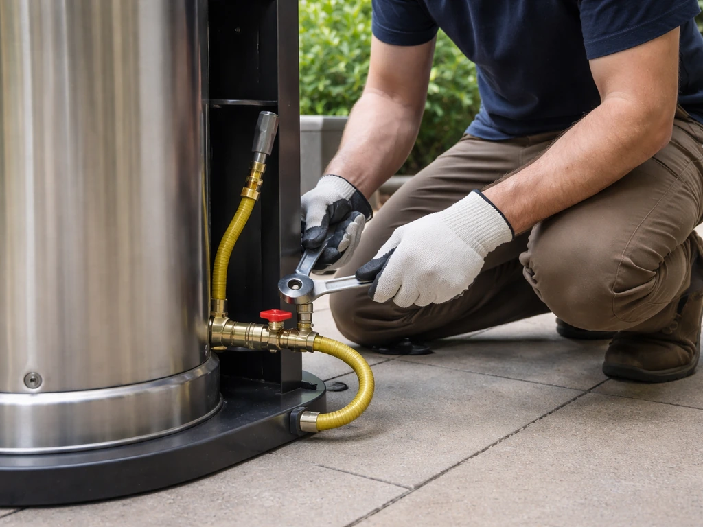 Licensed gas fitter checking a natural-gas patio heater connection with proper fittings and a shutoff valve