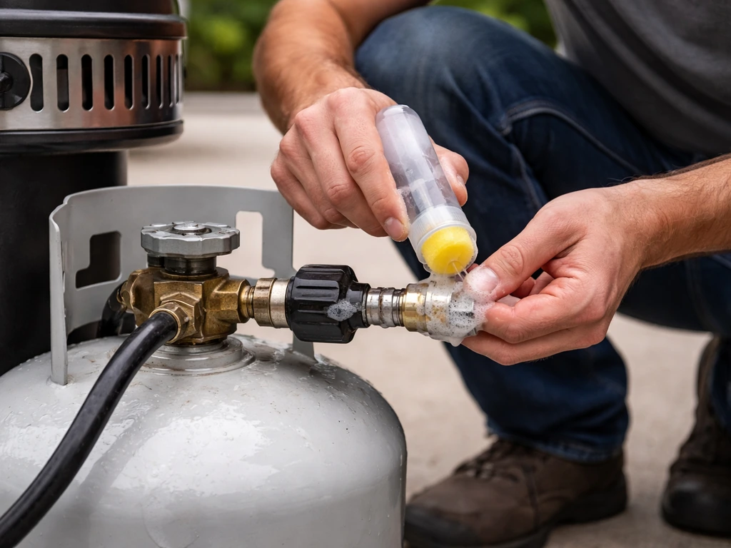 Person using soapy water on a gas heater regulator and hose joints, checking for bubbles at a cylinder valve.