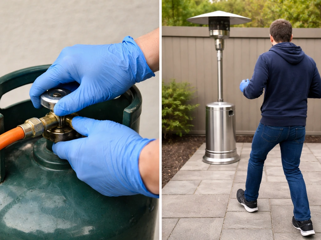 Gloved hands closing a propane cylinder valve as someone steps away from a patio heater area.