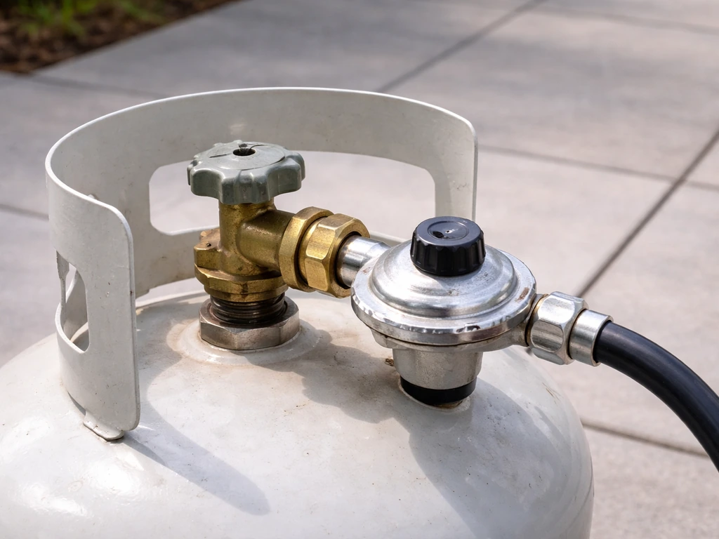 Close-up of a propane LP cylinder connection with regulator and control knob set for safe ignition check.