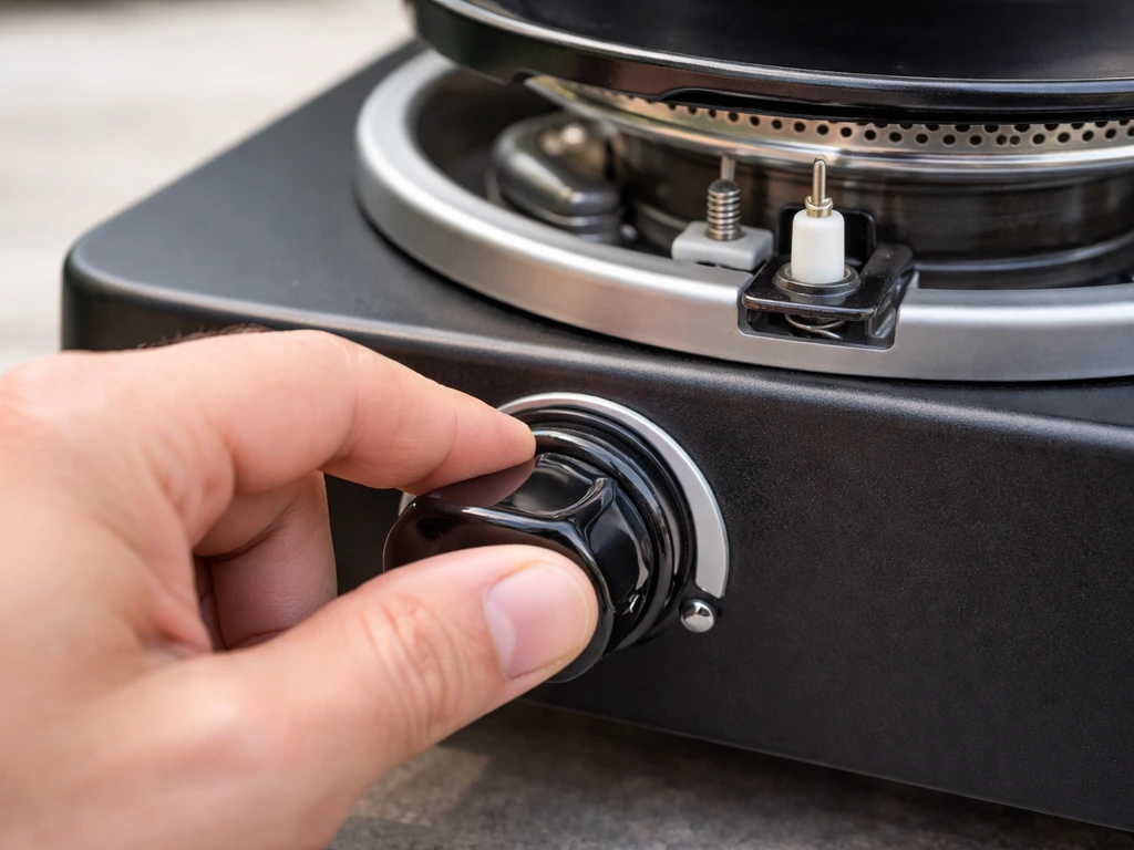 Close-up of a patio grill burner knob being pressed and held near the igniter area