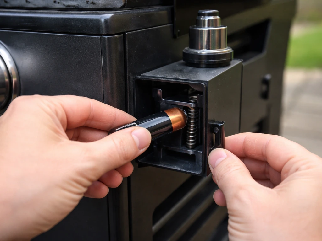 Close-up of a grill igniter module with an AA battery being installed to fix a no-click issue.