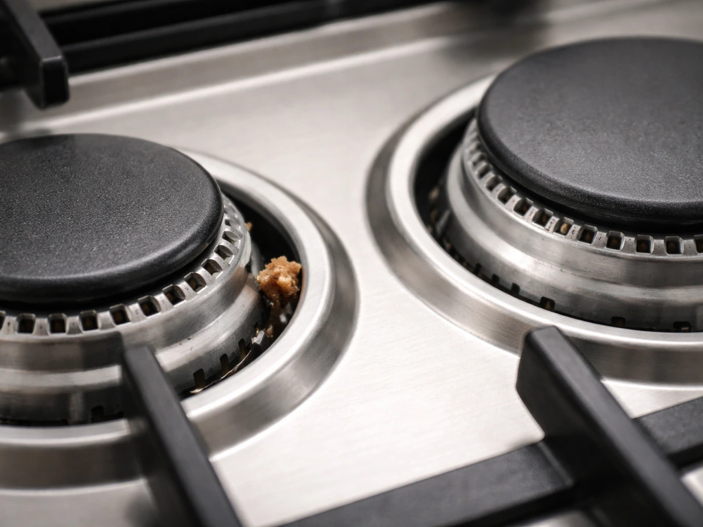 Close-up of a stovetop burner area with a visible blockage near burner ports preventing cross-lighting