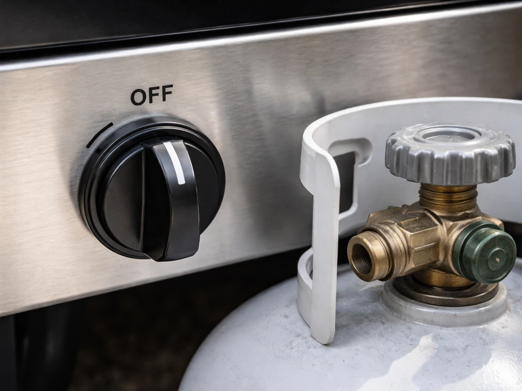 Gas control knob set to OFF beside a closed propane tank valve in a simple, clean utility area.