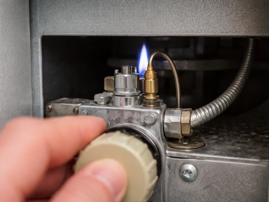 Blue pilot flame at a gas water heater control near the thermocouple, with the knob held down.