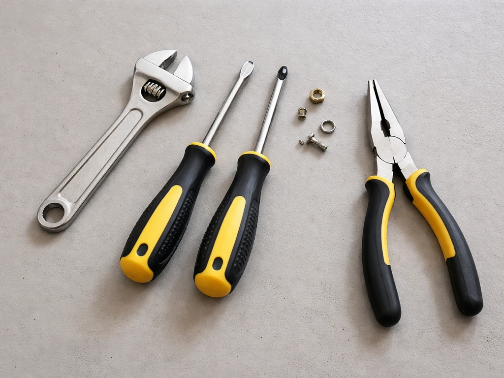 Wrench, flathead and Phillips screwdrivers, and needle-nose pliers laid out on a workbench.